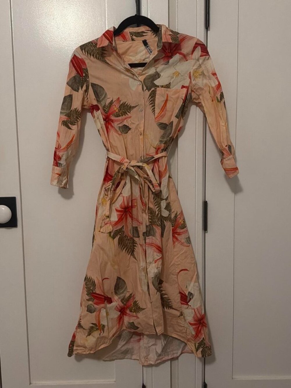 Cream & pink floral midi dress with red & green tropical flowers and leaves